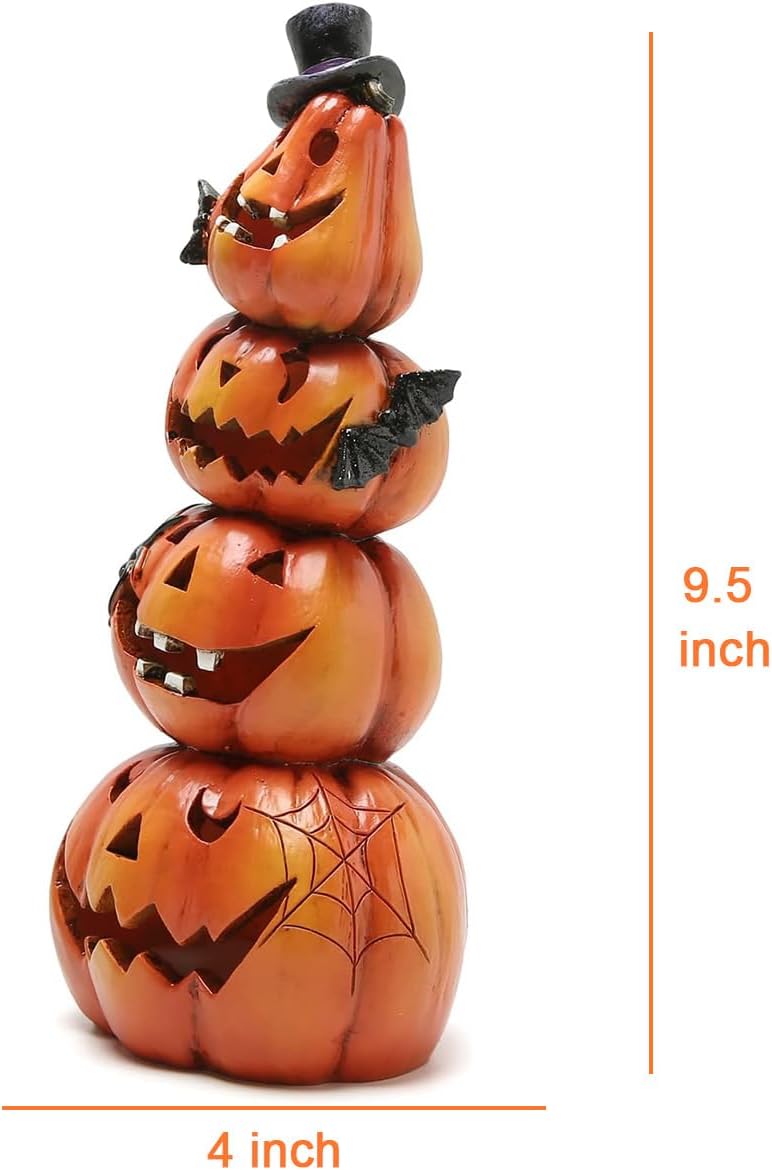 Hand-Carved Light-Up Stacked Pumpkins – 9.5" Resin Halloween Decoration with Colorful LED Glow