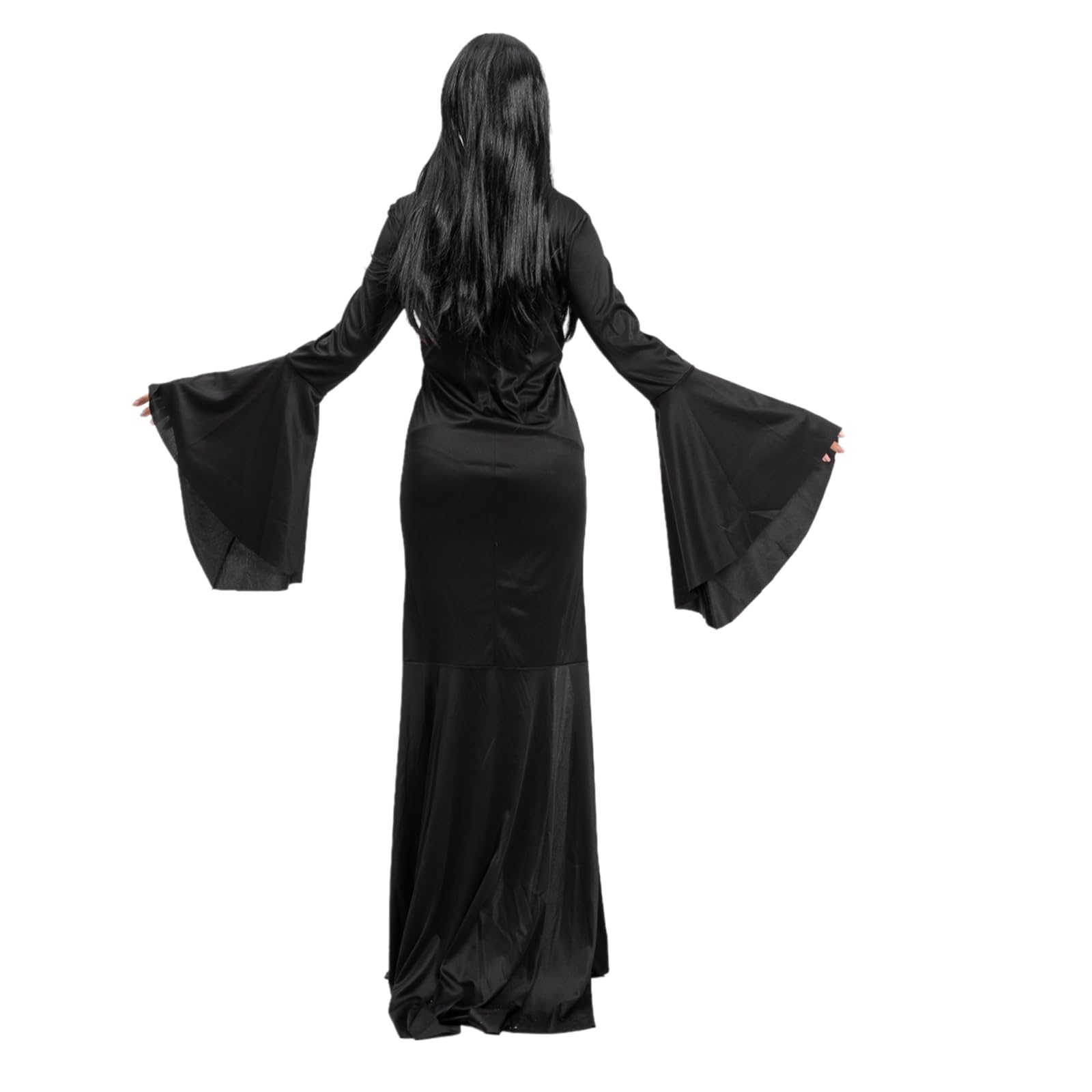 Morticia Addams Costume for Women – Long Black Gothic Dress with Wig & Choker (X-Large)