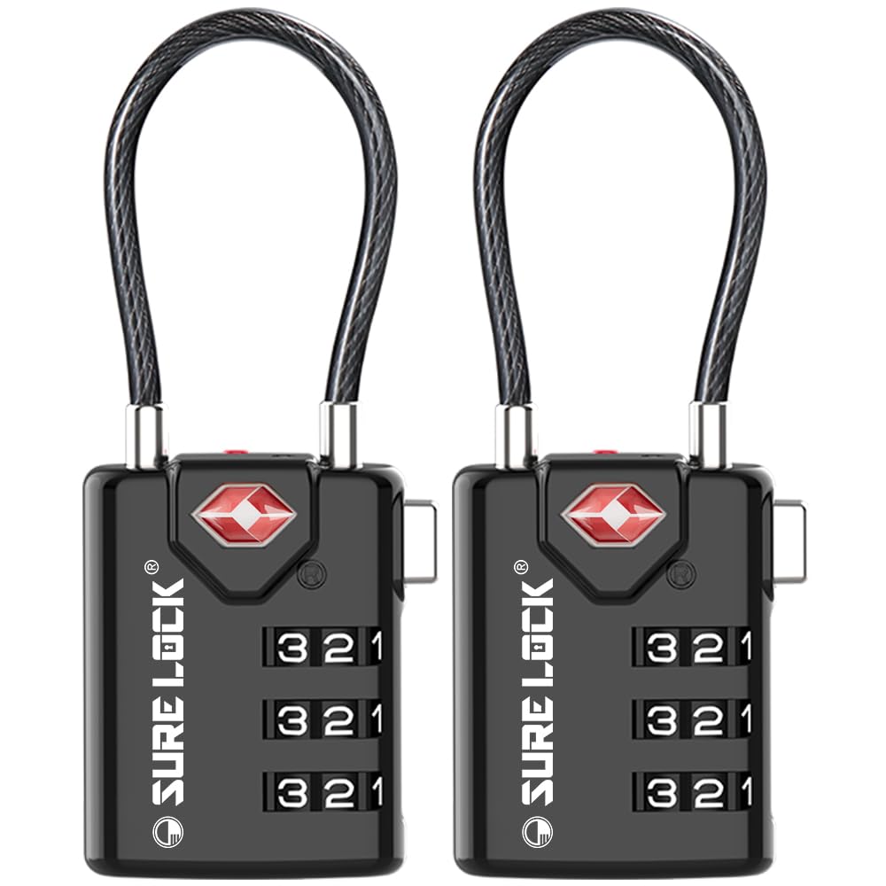 TSA Approved Cable Luggage Locks 2 Pack with Open Alert Indicator, 3 Digit Combination Travel Locks for Suitcases & Backpacks