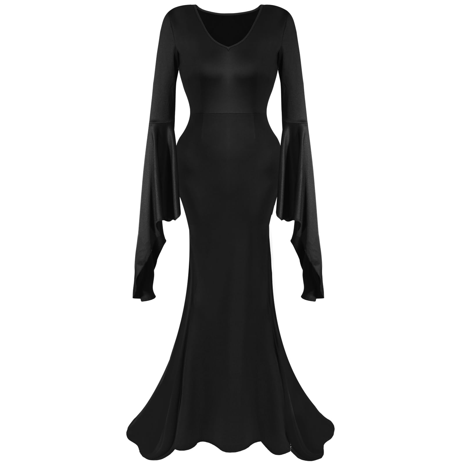 Women’s Gothic Halloween Costume Set – Long Black Dress, Wig, Rose, Ring & Necklace (5pcs)