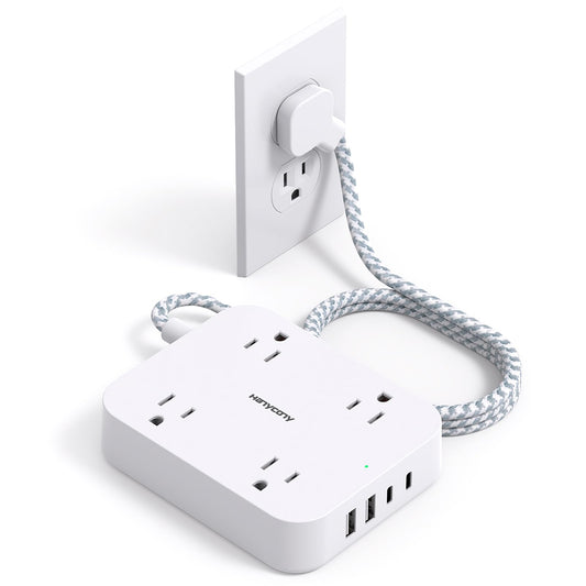 Flat Plug Extension Cord with USB-C – 8-in-1 Power Strip for Desk, Wall & Travel (White)