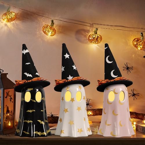Ceramic Ghost Halloween Décor Set – 3-Piece Light Yellow Ghost Figurines with Witch Hats & Tea Lights
