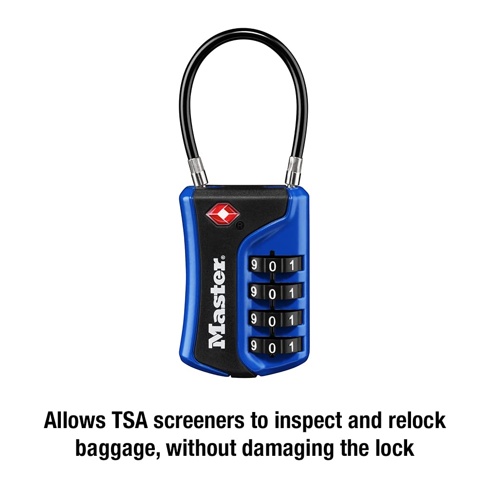 Master Lock TSA Approved 4-Digit Combination Luggage Lock with Flexible Cable, Travel Security Padlock