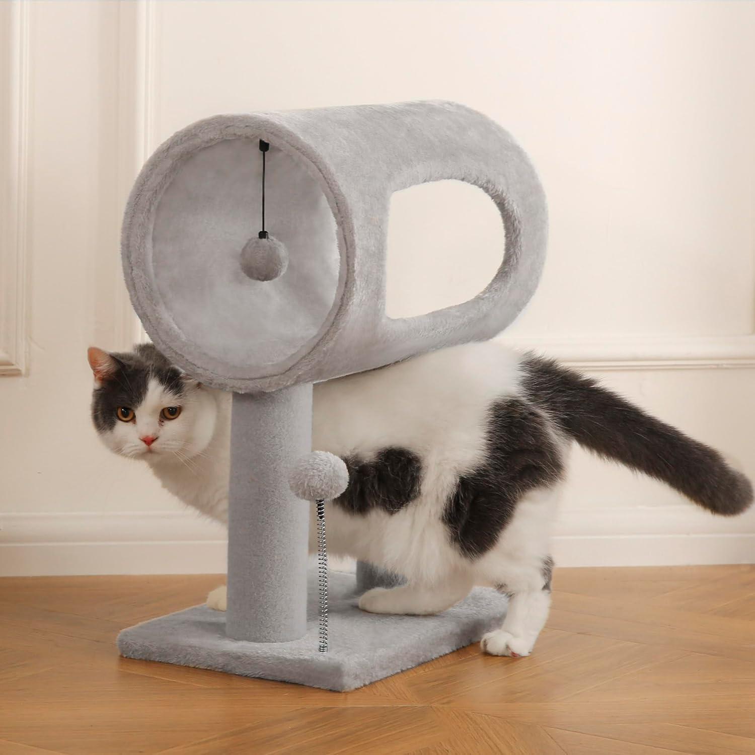 Gray Indoor Cat Tree – 20.5″ Climbing Tower with Scratching Post, Tunnel Bed & Hanging Ball Toy