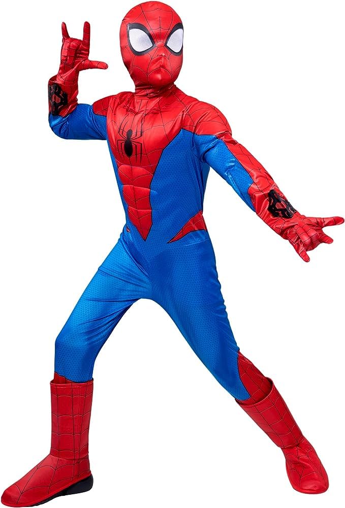 Marvel Spider-Man Youth Deluxe Costume – Padded Jumpsuit with Gloves & Detachable Fabric Mask for Kids