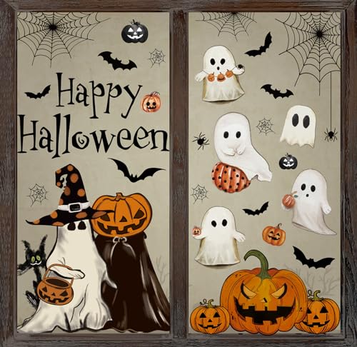 Vintage Halloween Window Clings – 6 Double-Sided PVC Sheets with Ghosts, Pumpkins, Cats & Bats
