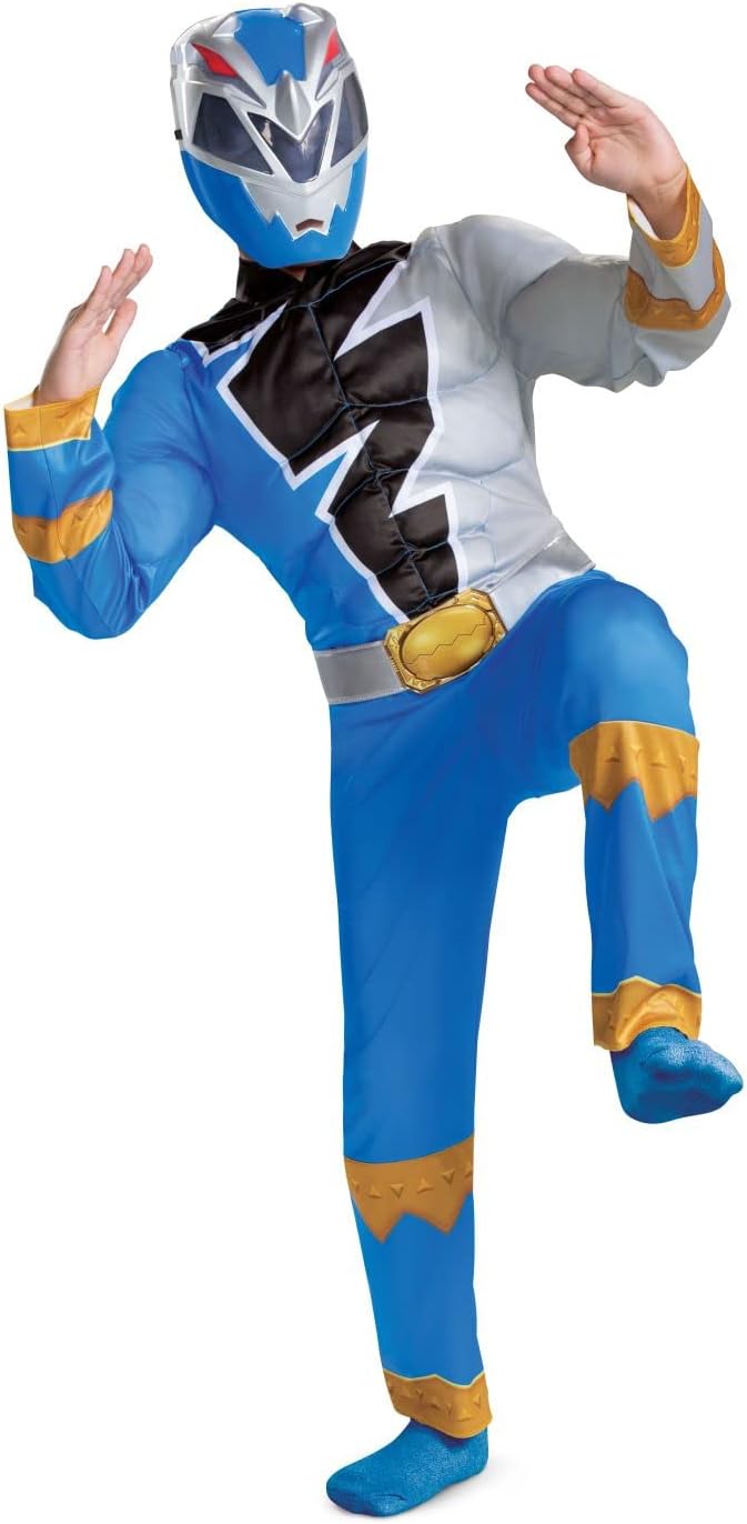 Blue Power Ranger Costume for Kids – Official Dino Fury Muscle Padded Suit with Mask ⚡💙