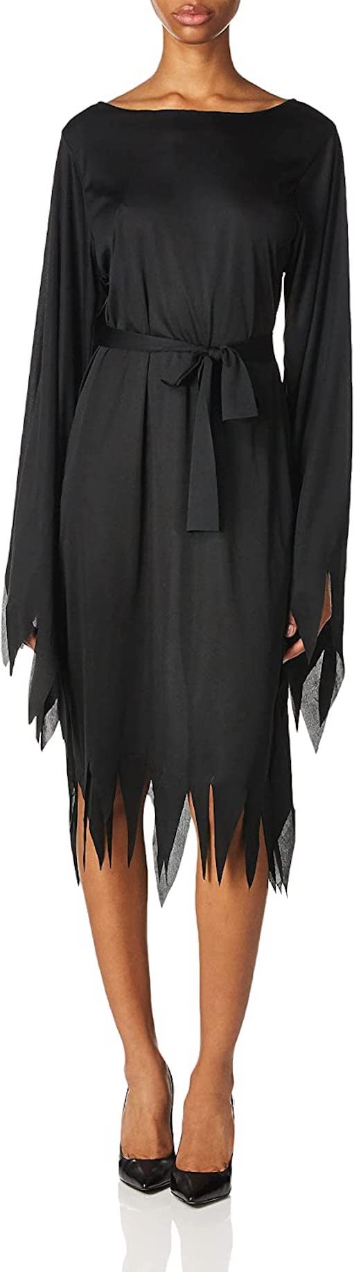 Wicked Witch Costume for Women – Classic Black Dress with Bell Sleeves & Waist Sash