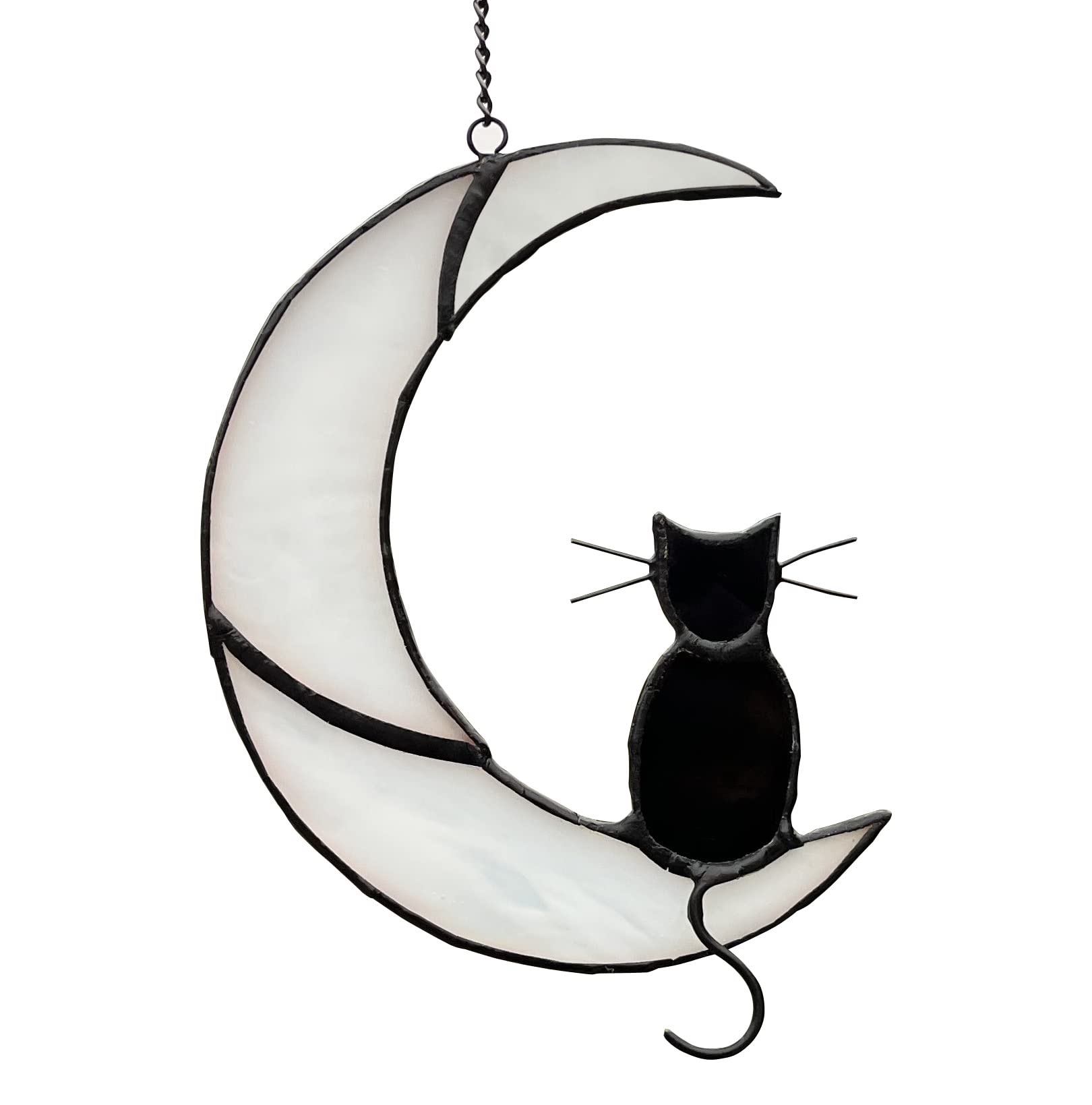 Black Cat on White Moon Stained Glass Suncatcher – Handmade Window Ornament for Halloween & Home Décor