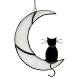 Black Cat on White Moon Stained Glass Suncatcher – Handmade Window Ornament for Halloween & Home Décor