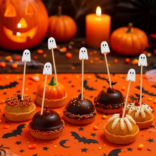100Pcs Halloween Ghost Cocktail Picks – Pink & White Bamboo Toothpicks for Appetizers, Desserts & Party Snacks (4.92 Inches)