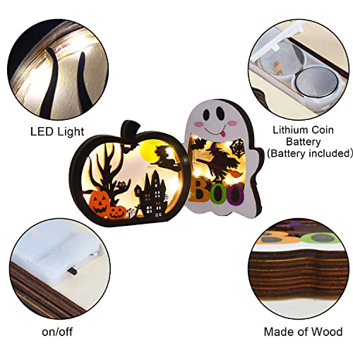 Wooden Halloween Pumpkin & Ghost Lantern Set – Light-Up Table Decorations with Warm Glow