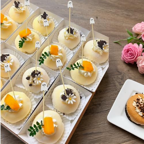 100Pcs Halloween Ghost Cocktail Picks – Pink & White Bamboo Toothpicks for Appetizers, Desserts & Party Snacks (4.92 Inches)