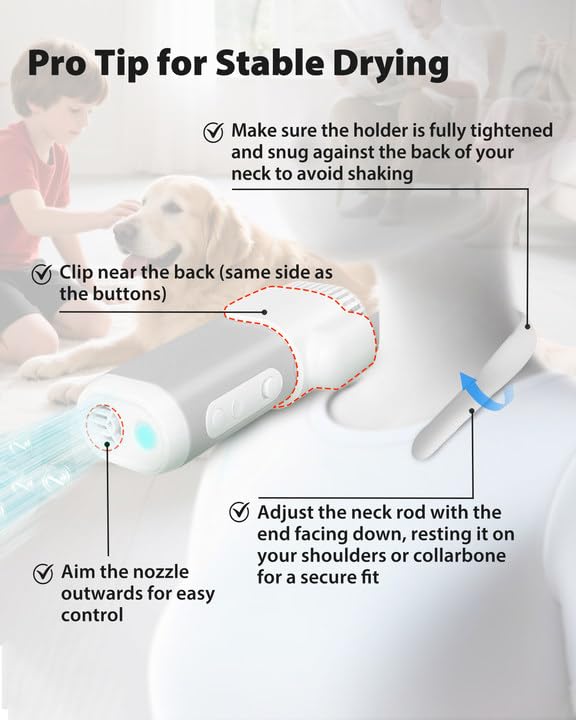 Hands-Free Pet Hair Dryer with Neck Strap, High-Speed Airflow, Negative Ion Technology, and Adjustable Heat and Speed Settings for Dogs and Cats