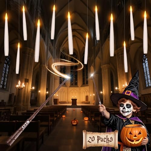Floating Halloween Candles with Remote Wand – 6" Battery Operated LED Hanging Candles, Flickering Light Set (White)