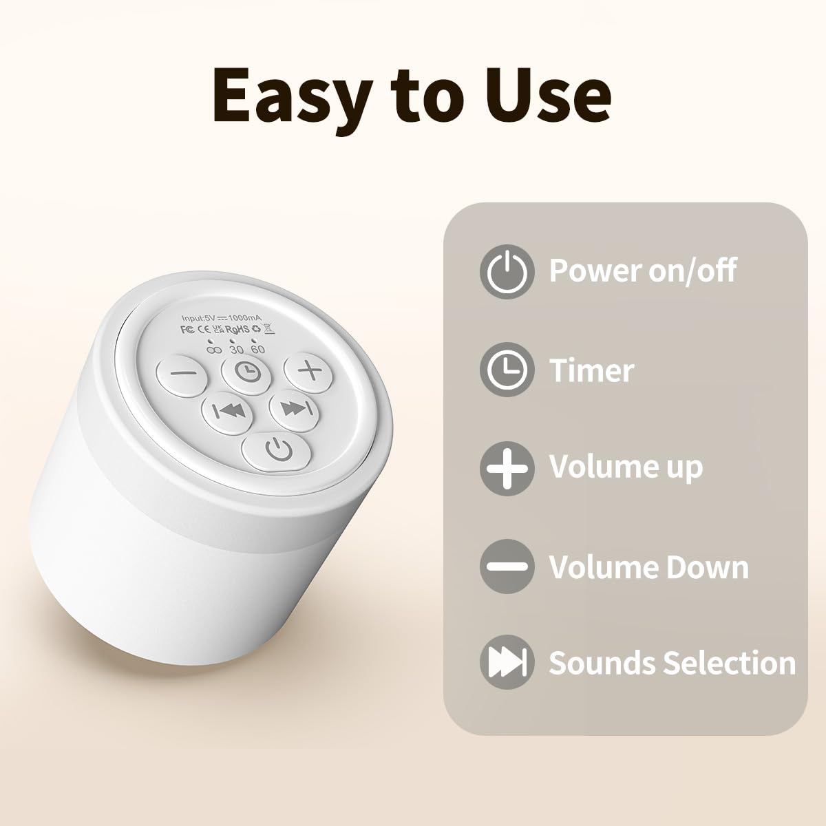 Mini White Noise Machine Portable Sleep Sound Soother with 30 Non-Looping Sounds, 32 Volume Levels & Timer – Pocket Travel Sleep Aid White