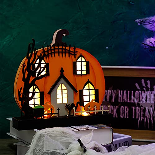 Lulu Home Light-Up Wooden Pumpkin House 🎃 Halloween Tabletop Décor with Ghosts, Cat & Witch Pot