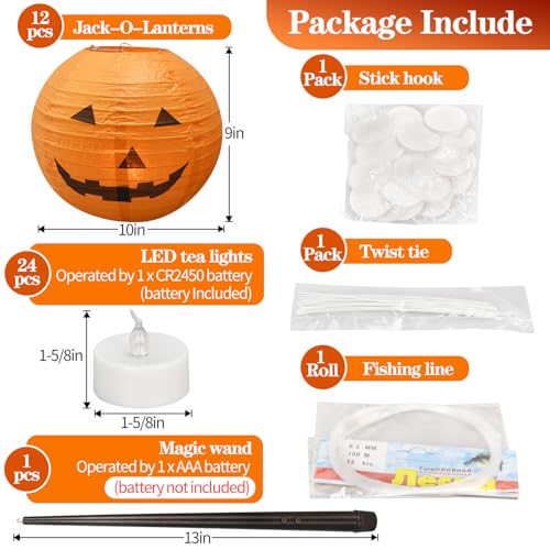 Floating Jack-O’-Lantern Halloween Lights – 12 Paper Pumpkins with 24 LED Tea Lights & Remote Control (Spooky Floating Decor)