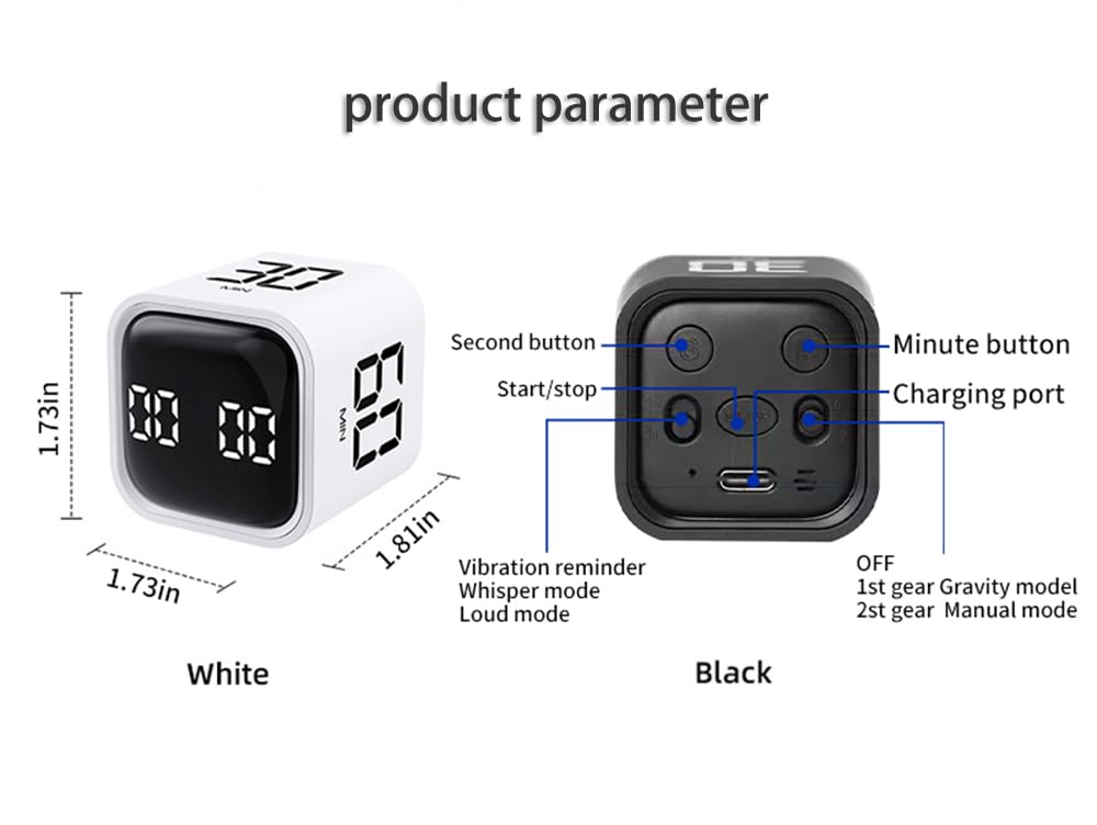 Digital Timer Cube with Flip Control, Preset Countdown & Vibration Mode, USB-C Rechargeable Focus Timer for Cooking, Work & Study – Black