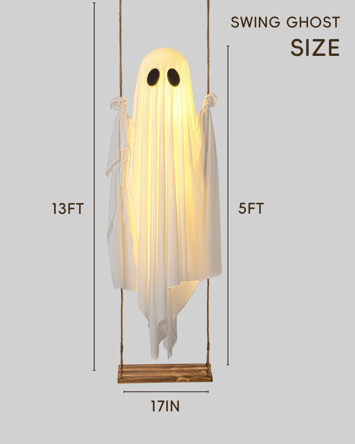 13FT Adjustable Swing Ghost with LED Lights – Giant Hanging Halloween Decoration with Remote & 8 Lighting Modes (White, LK567)