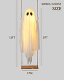 13FT Adjustable Swing Ghost with LED Lights – Giant Hanging Halloween Decoration with Remote & 8 Lighting Modes (White, LK567)
