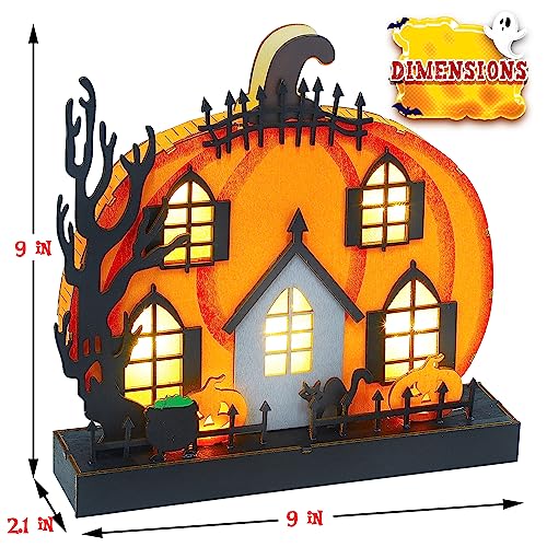 Lulu Home Light-Up Wooden Pumpkin House 🎃 Halloween Tabletop Décor with Ghosts, Cat & Witch Pot