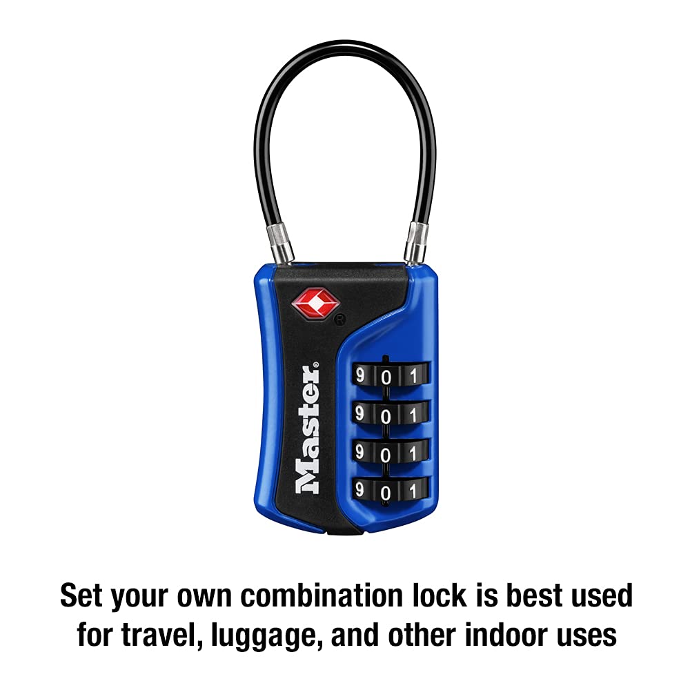 Master Lock TSA Approved 4-Digit Combination Luggage Lock with Flexible Cable, Travel Security Padlock