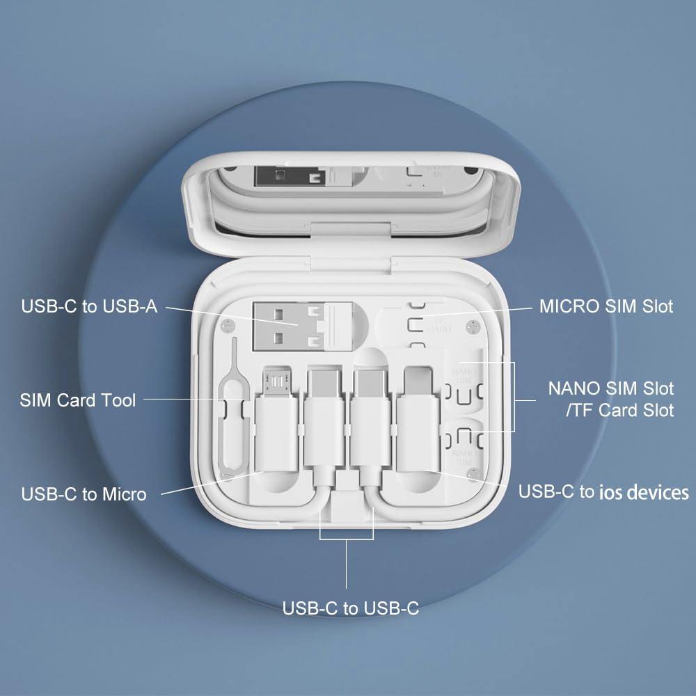 Portable USB-C Adapter Travel Kit with Mirror – Multi Cable Organizer with SIM Card Storage