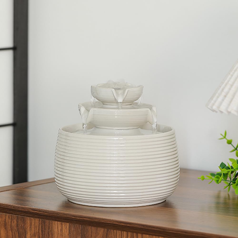 Modern Ceramic Tabletop Water Fountain – Minimal Zen Indoor Décor (White A170)