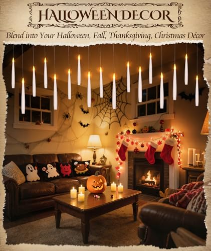 Floating Halloween Candles with Remote Wand – 6" Battery Operated LED Hanging Candles, Flickering Light Set (White)