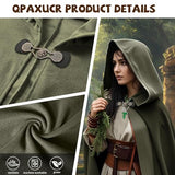 Green Hooded Medieval Cloak – Elf-Inspired Cape with Leaf Brooch & Toggle Closure for Halloween & Cosplay 🍃🧝‍♂️