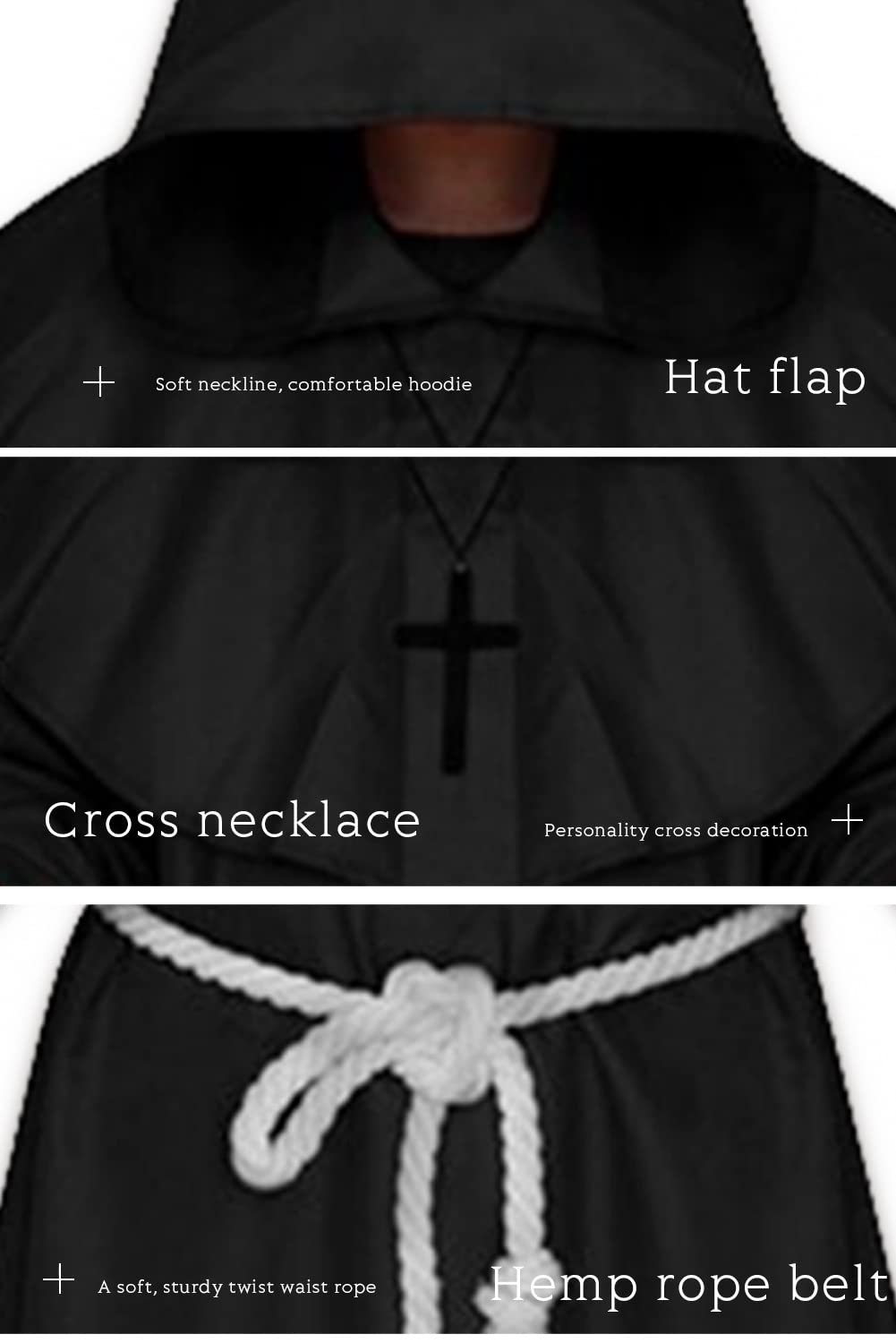 Black Medieval Monk Robe – Hooded Cloak with Rope Belt & Cross Necklace for Halloween & Cosplay ✝️🖤
