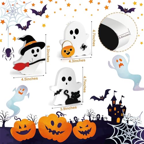 Wooden Ghost Figurines Set – Hand-Painted White Halloween Tabletop Decor for Home, Shelf & Party Display
