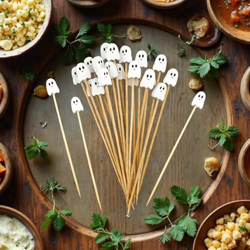 100Pcs Halloween Ghost Cocktail Picks – Pink & White Bamboo Toothpicks for Appetizers, Desserts & Party Snacks (4.92 Inches)