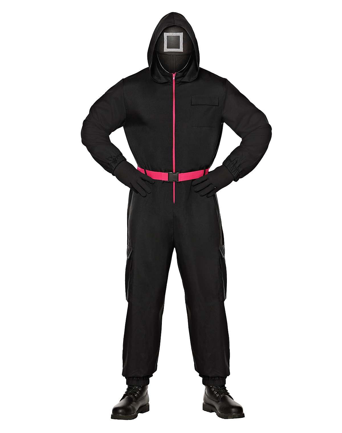 Squid Game Guard Costume for Adults – Official Black Hooded Jumpsuit with Mask, Belt & Gloves