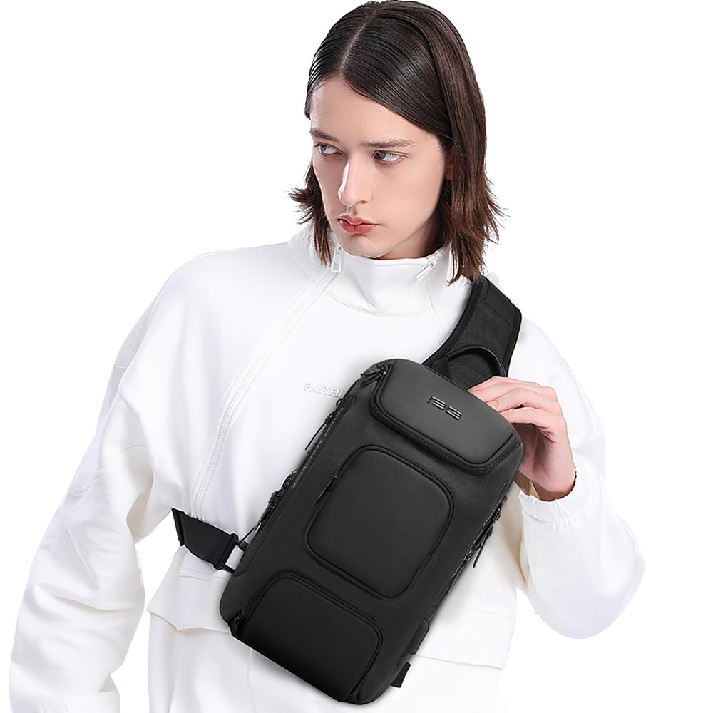 BANGE Waterproof Sling Bag with USB Charging Port – Lightweight Crossbody Chest Backpack for Men (Black)