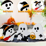 Wooden Ghost Figurines Set – Hand-Painted White Halloween Tabletop Decor for Home, Shelf & Party Display