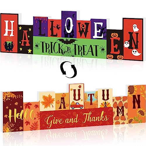Reversible Wooden Table Sign – “Trick or Treat” & “Give and Thanks” Double-Sided Halloween & Thanksgiving Décor