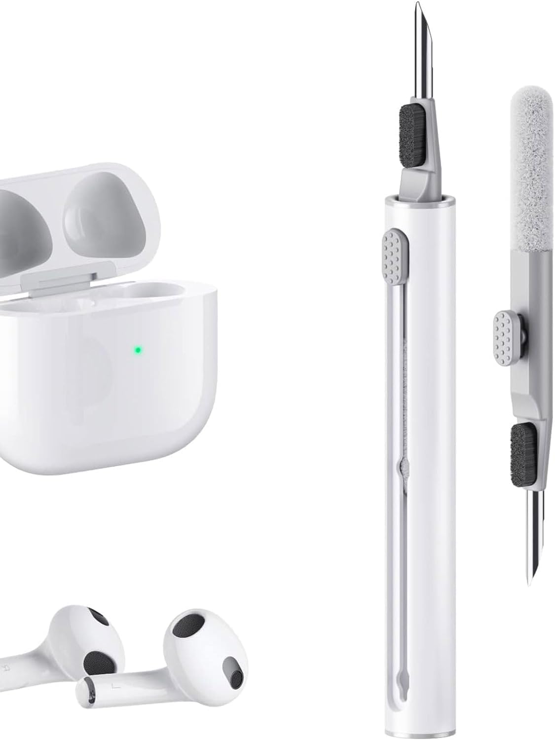 3-in-1 Earbuds Cleaning Pen with Precision Brush & Metal Tip – Wireless Headphone Care Tool White Gray