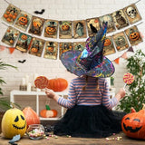 Vintage Halloween Banner – 20-Card Multicolor Garland with Retro Pumpkins, Cats & Skeleton Designs
