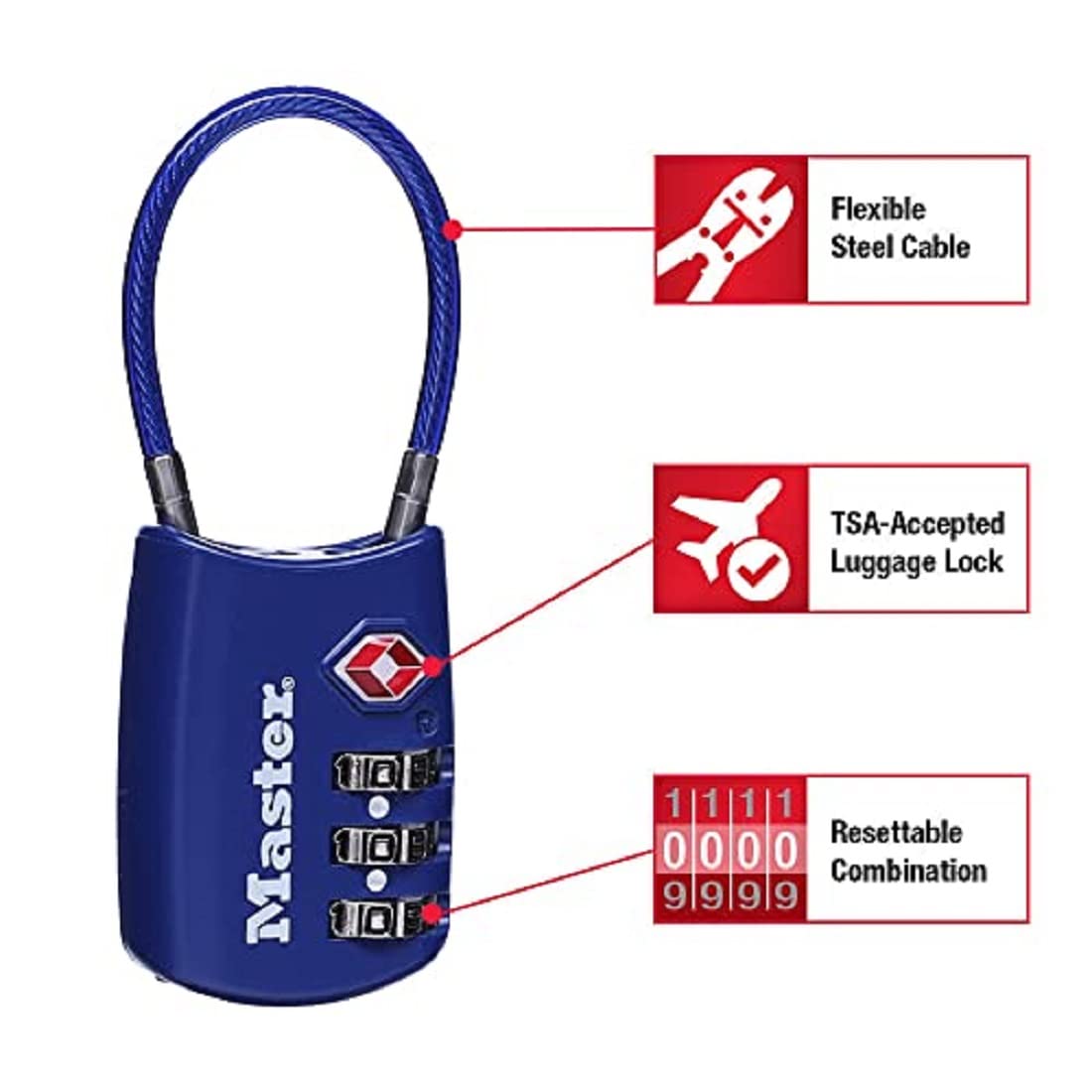 Master Lock TSA Accepted Combination Luggage Lock with Flexible Steel Cable, Resettable 3-Dial Travel Padlock