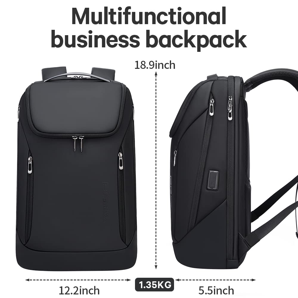 BANGE Waterproof Smart Laptop Backpack – 180° Open Business Travel Backpack with USB Charging Port for 15.6” Laptops (Black)
