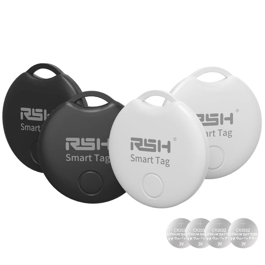 RSH Apple Find My Compatible Bluetooth Tracker Tags 4 Pack, Smart Luggage & Key Locator with Sound Alert – New Model