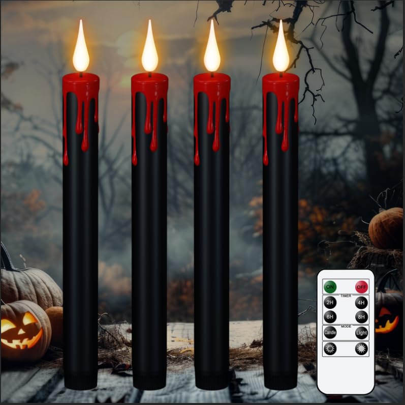 Black Flameless Taper Candles with Remote – 4 Pack Drip Wax LED Candlesticks, Timer & Flickering 3D Flame Design for Halloween Decor