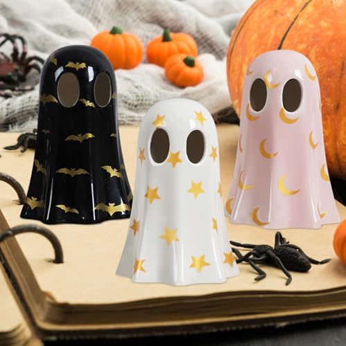Ceramic Ghost Halloween Décor Set – 3-Piece Light Yellow Ghost Figurines with Witch Hats & Tea Lights