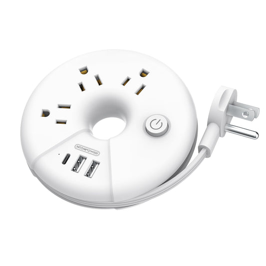 Compact Travel Power Strip with 3 Outlets & 3 USB Ports – Desktop Charging Station with 3ft Cord (White)