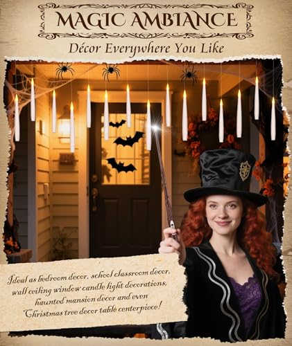 Floating Halloween Candles with Remote Wand – 6" Battery Operated LED Hanging Candles, Flickering Light Set (White)