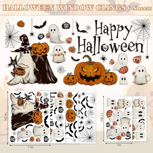 Vintage Halloween Window Clings – 6 Double-Sided PVC Sheets with Ghosts, Pumpkins, Cats & Bats