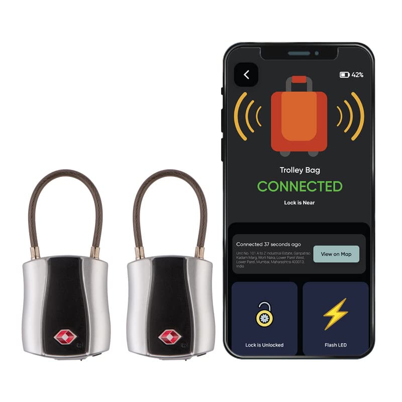 Bluetooth Smart Travel Padlock with App Control, TSA Approved Keyless Lock, Rechargeable Waterproof Luggage Security Lock Silver