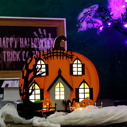 Lulu Home Light-Up Wooden Pumpkin House 🎃 Halloween Tabletop Décor with Ghosts, Cat & Witch Pot
